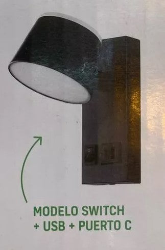 APLIQUE LUGO CON SWITCH + USB + TIPO C COLOR NEGRO
