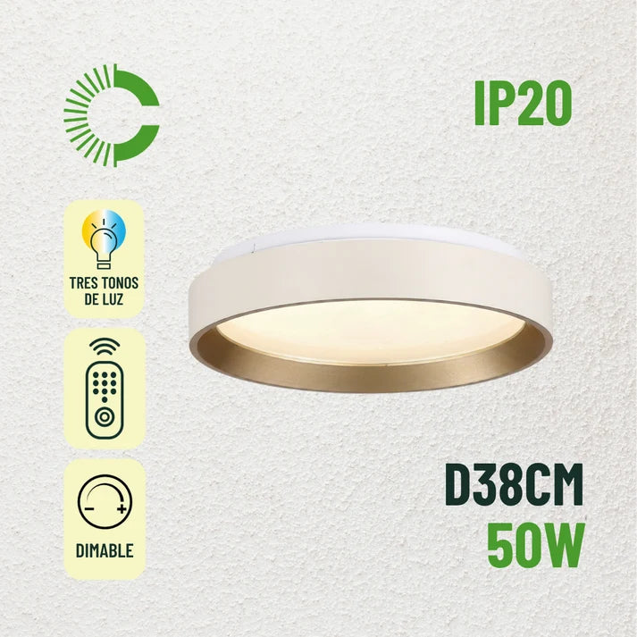 PLAFON GRECIA 48W TRICOLOR BASE BLANCO CON DORADO CEMLIGHTING