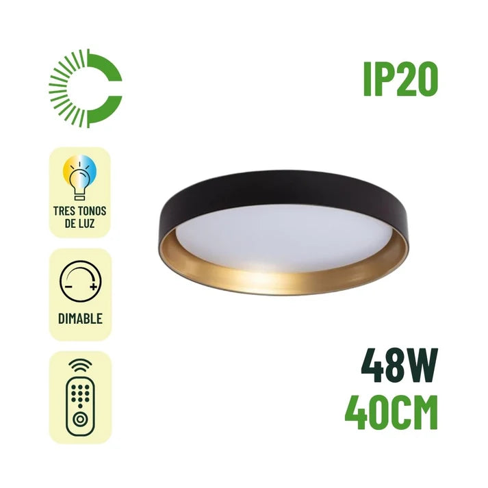 PLAFON GRECIA 48W TRICOLOR BASE NEGRO CON DORADO CEMLIGHTING