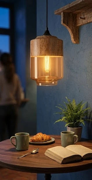COLGANTE CILINDRO B E27 LINEA WOOD GLASS CEMLIGHTING