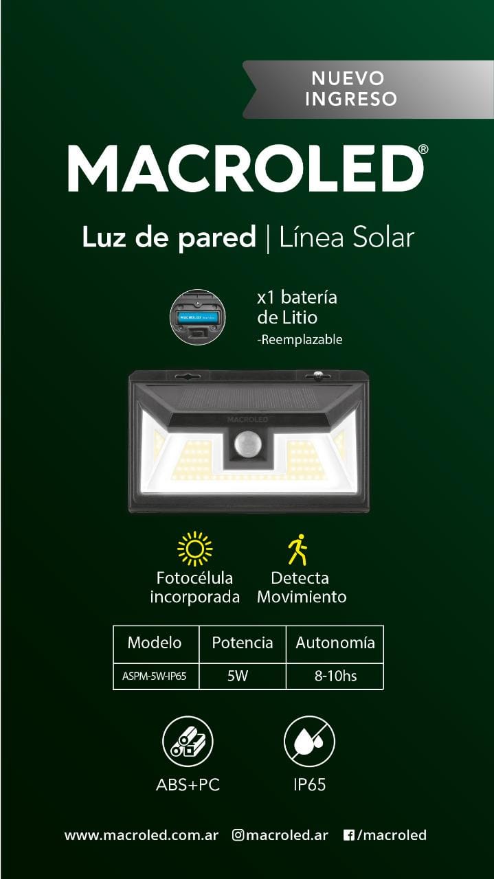 Aplique solar 5w con sensor de movimiento Macroled