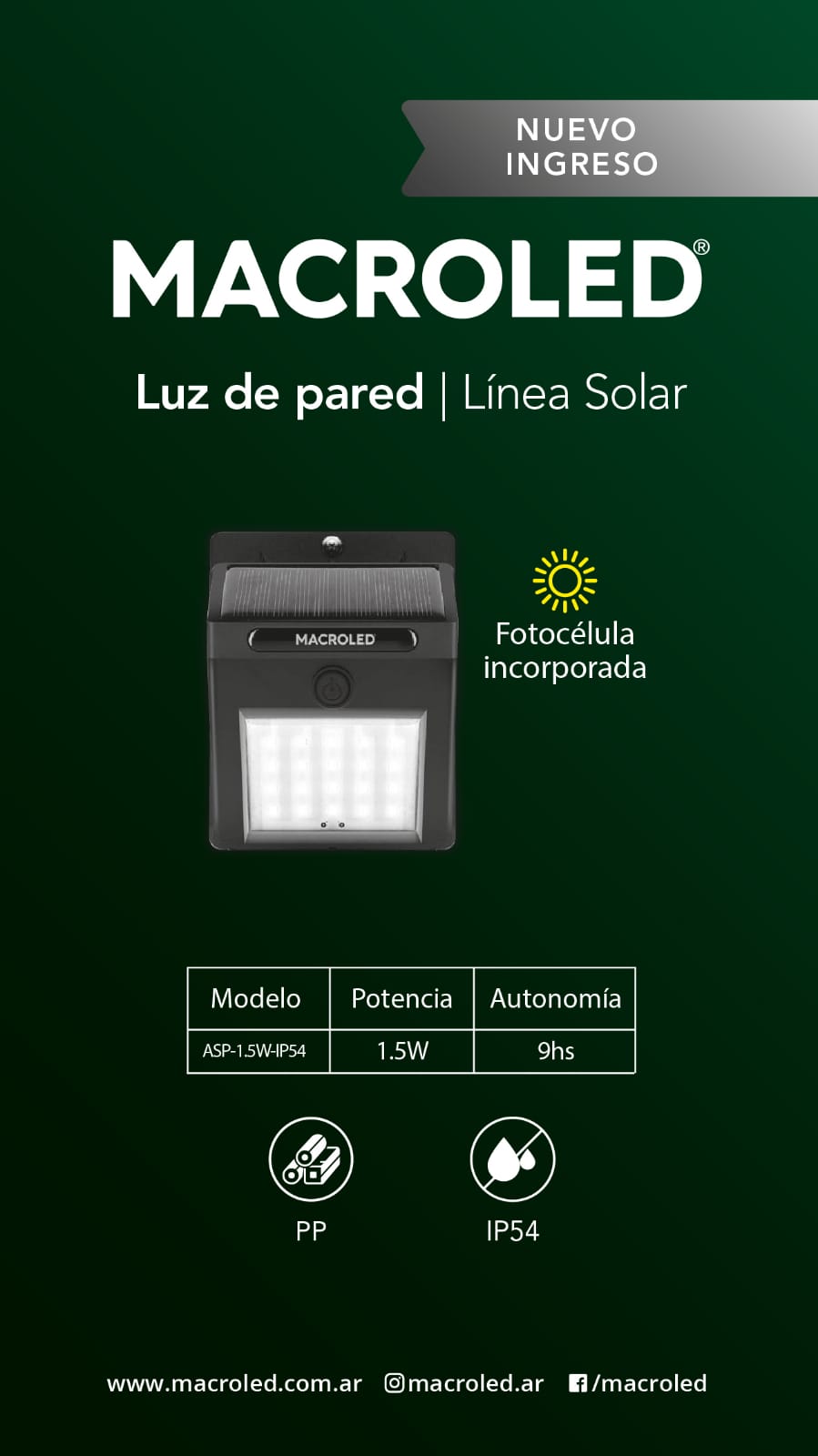 Aplique solar 1.5w Macroled