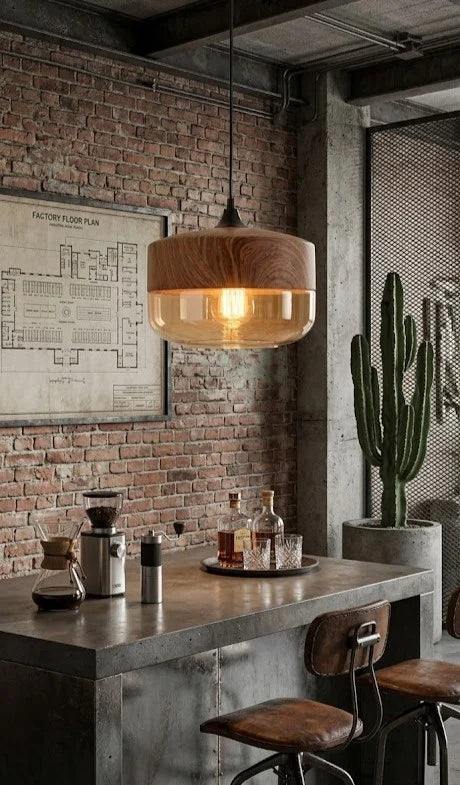 COLGANTE CILINDRO D E27 LINEA WOOD GLASS CEMLIGHTING